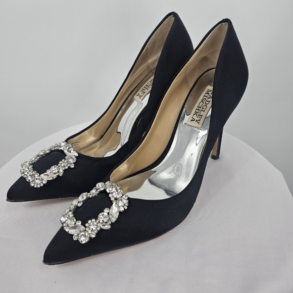 Badgley Mischka Black Satin Embellished Pointed Toe Heels Size 6.5 - Picture 1 of 7